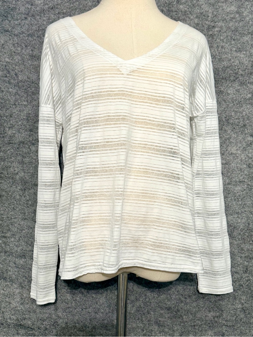 Athleta White Striped Slub Knit V-Neck Long Sleeve Cutout Breezy Top SM